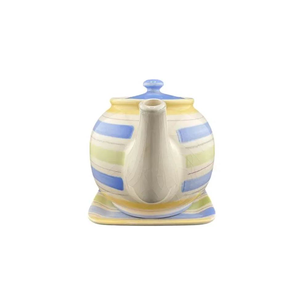 Crate & Barrel Sanibel Teapot Set Cream Earthy Stripe Stoneware Coastal Brew